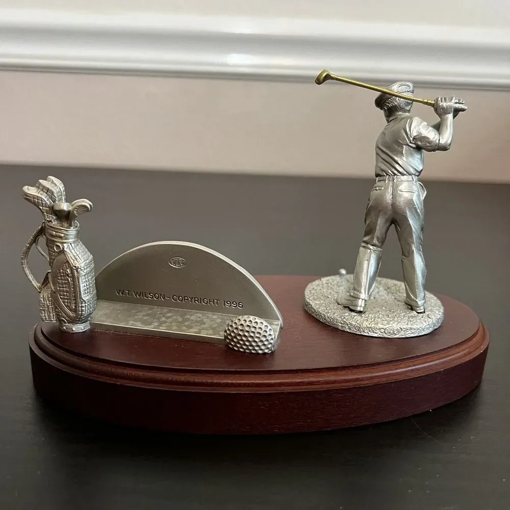 Vintage Golfer Business Card Holder Pewter Wood Office Golf Library W T Wilson‎